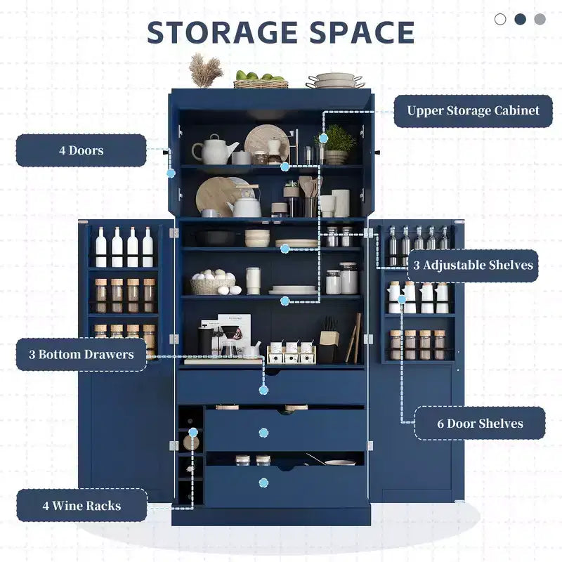 Garde-manger de cuisine autoportant Whisen de 77 po de hauteur, grand buffet de rangement pour salle à manger avec étagères de porte, étagères réglables