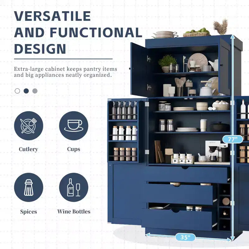Garde-manger de cuisine autoportant Whisen de 77 po de hauteur, grand buffet de rangement pour salle à manger avec étagères de porte, étagères réglables