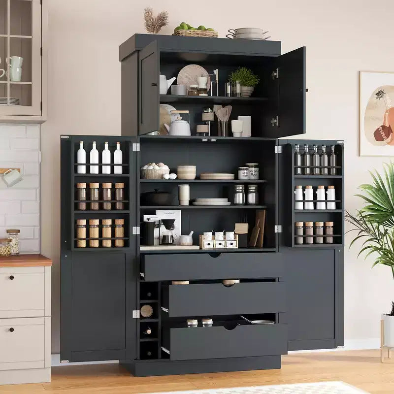 Garde-manger de cuisine autoportant Whisen de 77 po de hauteur, grand buffet de rangement pour salle à manger avec étagères de porte, étagères réglables