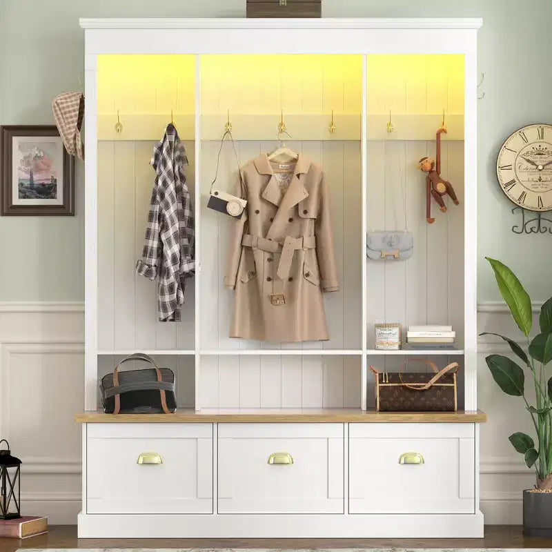 Meuble d'entrée intelligent à LED ModernLuxe avec banc de rangement, porte-manteau d'entrée avec 9 crochets et 3 compartiments à chaussures rabattables