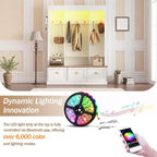 Meuble d'entrée intelligent à LED ModernLuxe avec banc de rangement, porte-manteau d'entrée avec 9 crochets et 3 compartiments à chaussures rabattables