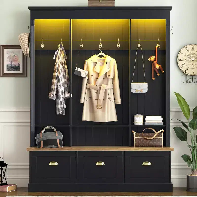 Meuble d'entrée intelligent à LED ModernLuxe avec banc de rangement, porte-manteau d'entrée avec 9 crochets et 3 compartiments à chaussures rabattables
