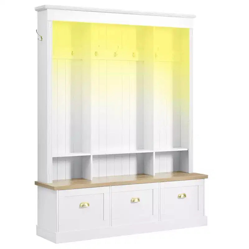 Meuble d'entrée intelligent à LED ModernLuxe avec banc de rangement, porte-manteau d'entrée avec 9 crochets et 3 compartiments à chaussures rabattables