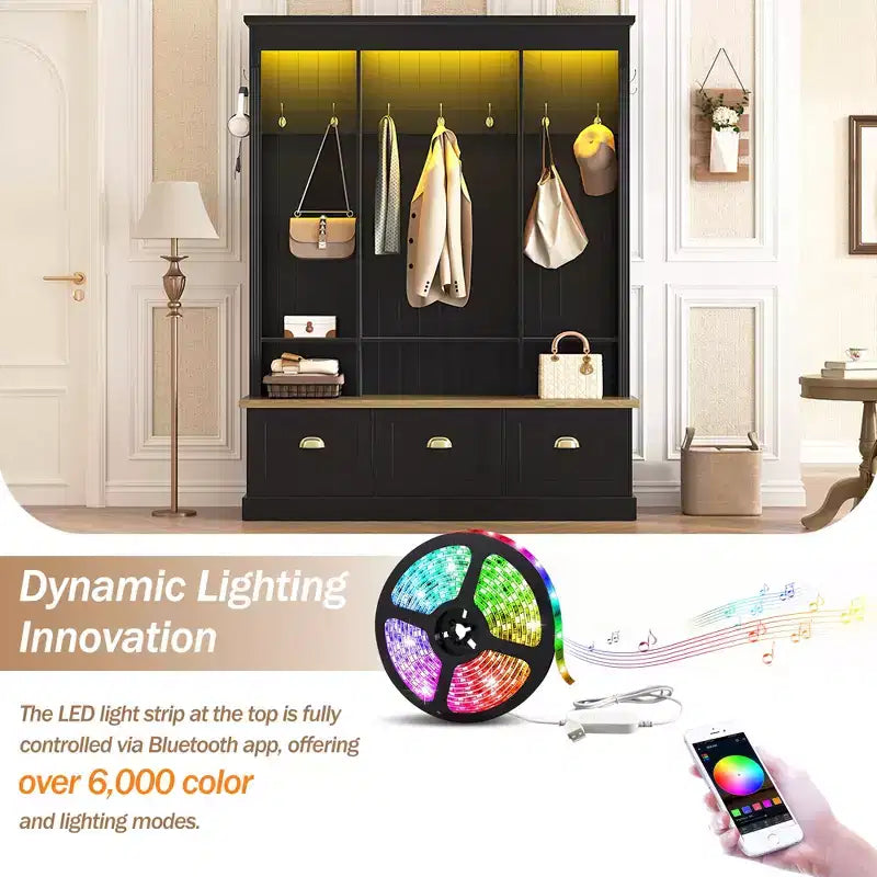 Meuble d'entrée intelligent à LED ModernLuxe avec banc de rangement, porte-manteau d'entrée avec 9 crochets et 3 compartiments à chaussures rabattables