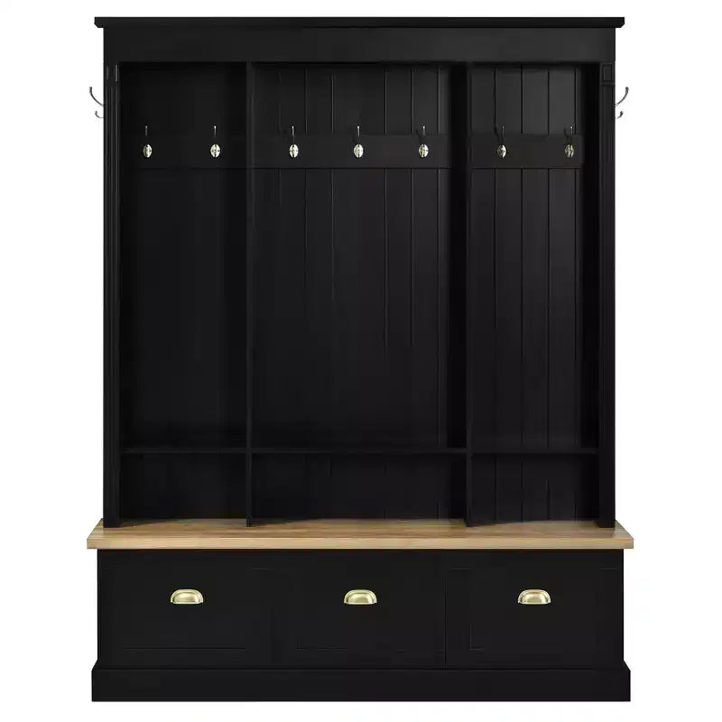 Meuble d'entrée intelligent à LED ModernLuxe avec banc de rangement, porte-manteau d'entrée avec 9 crochets et 3 compartiments à chaussures rabattables
