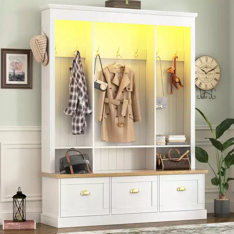 Meuble d'entrée intelligent à LED ModernLuxe avec banc de rangement, porte-manteau d'entrée avec 9 crochets et 3 compartiments à chaussures rabattables