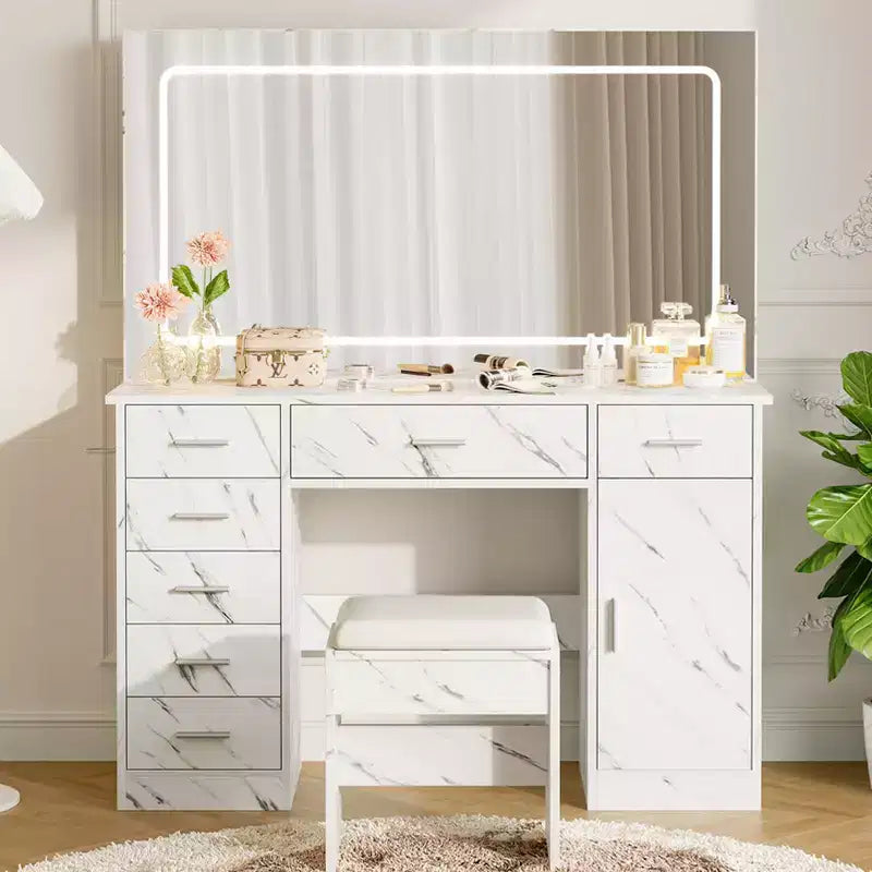 Modern Makeup Vanity Desk with 7 Drawers, Large Mirror, Adjustable 3 Modes, Hair Dryer Holder, Bedroom Dressing Table Set