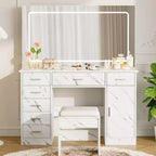 Modern Makeup Vanity Desk with 7 Drawers, Large Mirror, Adjustable 3 Modes, Hair Dryer Holder, Bedroom Dressing Table Set