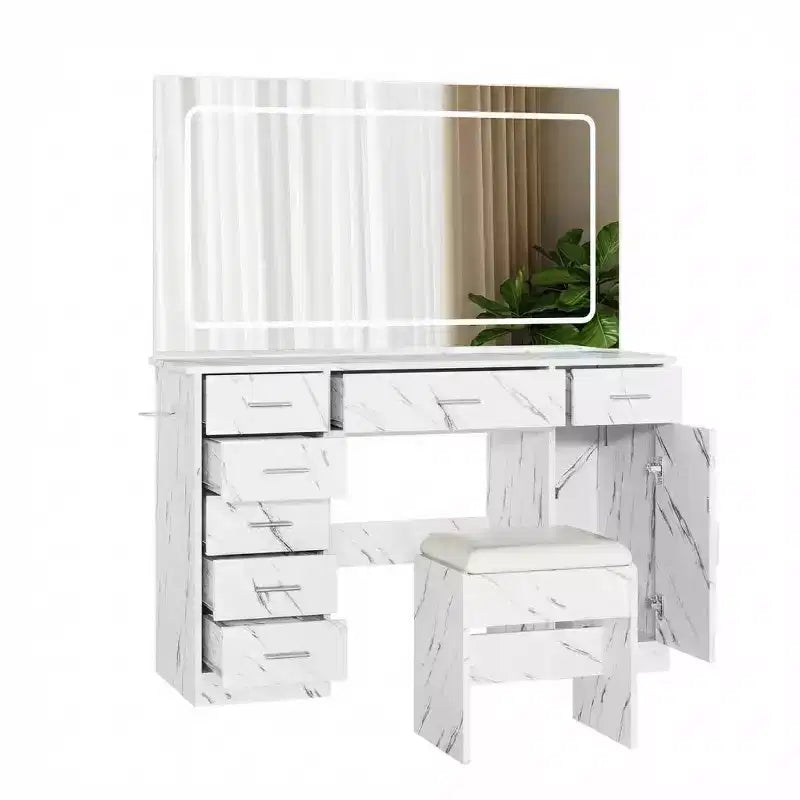 Coiffeuse de maquillage moderne avec 7 tiroirs, grand miroir, 3 modes réglables, support pour sèche-cheveux, ensemble de table de chevet pour chambre à coucher