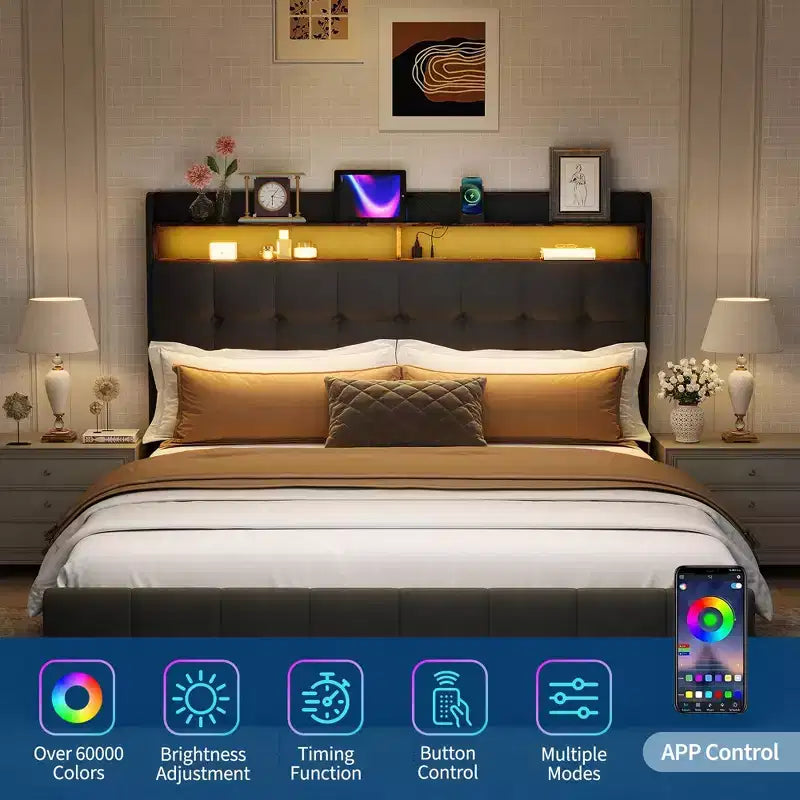 Cadre de lit Queen Size avec 2 tiroirs de rangement, cadre de lit rembourré Queen avec lumière LED, tête de lit double couche