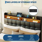 Cadre de lit Queen Size avec 2 tiroirs de rangement, cadre de lit rembourré Queen avec lumière LED, tête de lit double couche