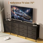 Meubles TV de 70 pouces pour salon, 12 tiroirs en tissu, station de charge, long meuble TV jusqu'à 80 pouces, table console média avec rangement