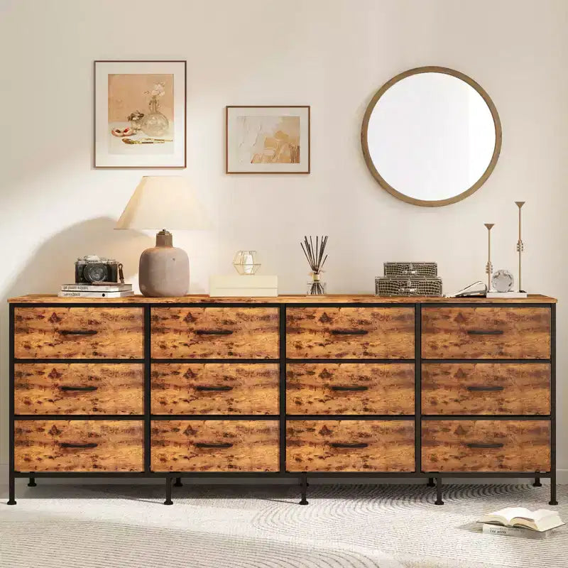 Meubles TV de 70 pouces pour salon, 12 tiroirs en tissu, station de charge, long meuble TV jusqu'à 80 pouces, table console média avec rangement