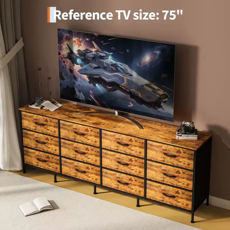 Meubles TV de 70 pouces pour salon, 12 tiroirs en tissu, station de charge, long meuble TV jusqu'à 80 pouces, table console média avec rangement