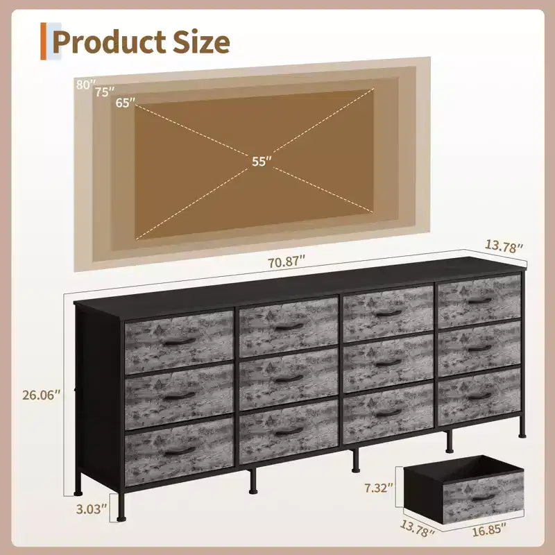 Meubles TV de 70 pouces pour salon, 12 tiroirs en tissu, station de charge, long meuble TV jusqu'à 80 pouces, table console média avec rangement
