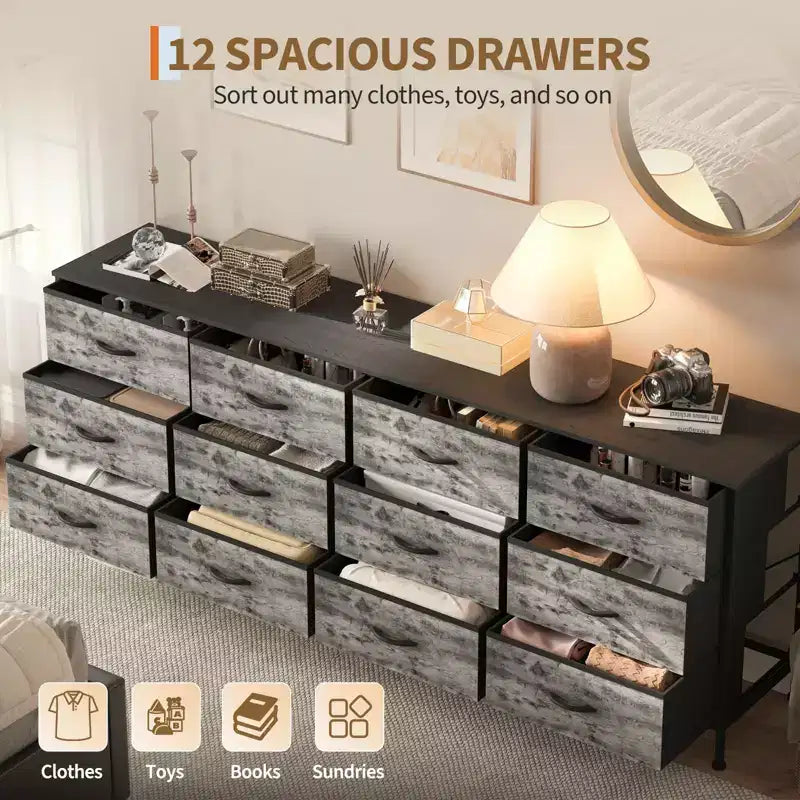 Meubles TV de 70 pouces pour salon, 12 tiroirs en tissu, station de charge, long meuble TV jusqu'à 80 pouces, table console média avec rangement
