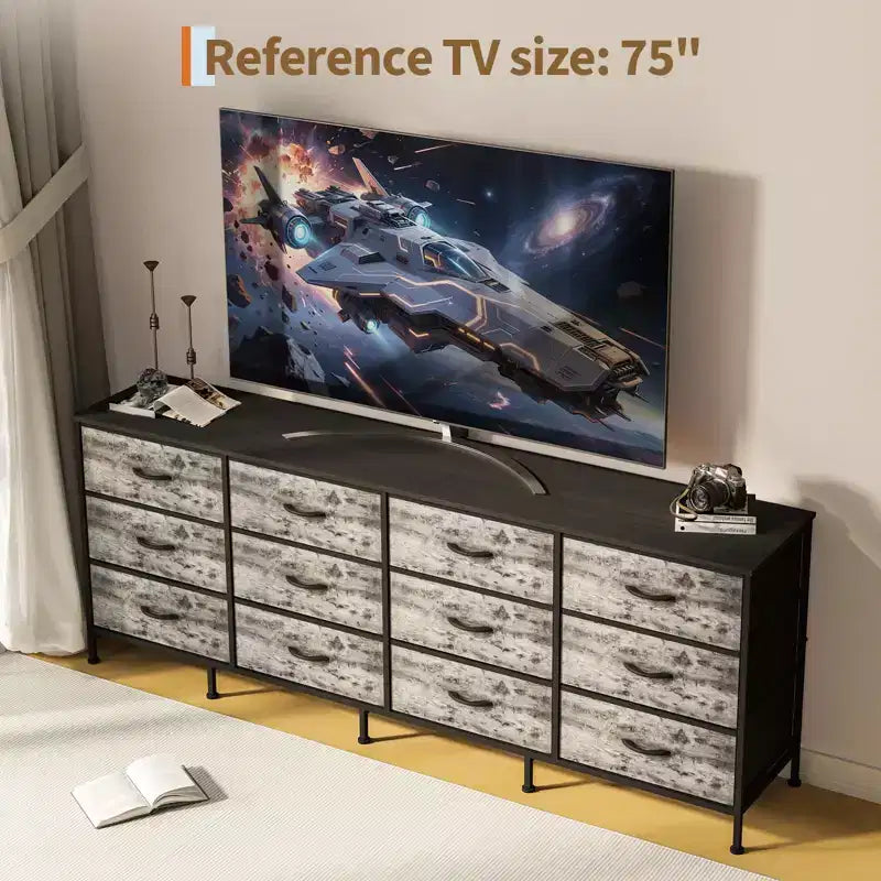 Meubles TV de 70 pouces pour salon, 12 tiroirs en tissu, station de charge, long meuble TV jusqu'à 80 pouces, table console média avec rangement