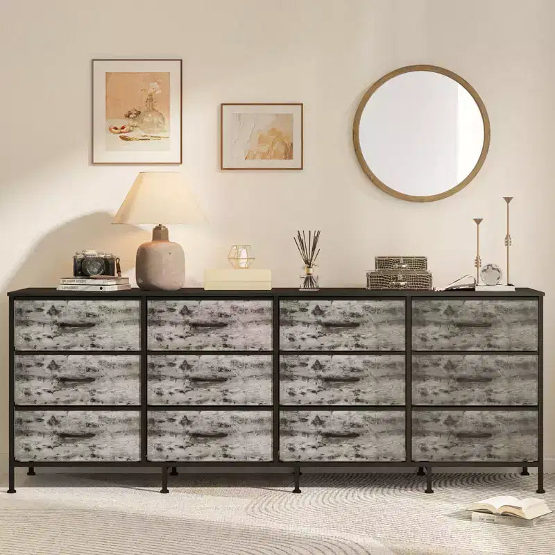 Meubles TV de 70 pouces pour salon, 12 tiroirs en tissu, station de charge, long meuble TV jusqu'à 80 pouces, table console média avec rangement