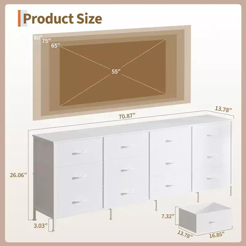 Meubles TV de 70 pouces pour salon, 12 tiroirs en tissu, station de charge, long meuble TV jusqu'à 80 pouces, table console média avec rangement
