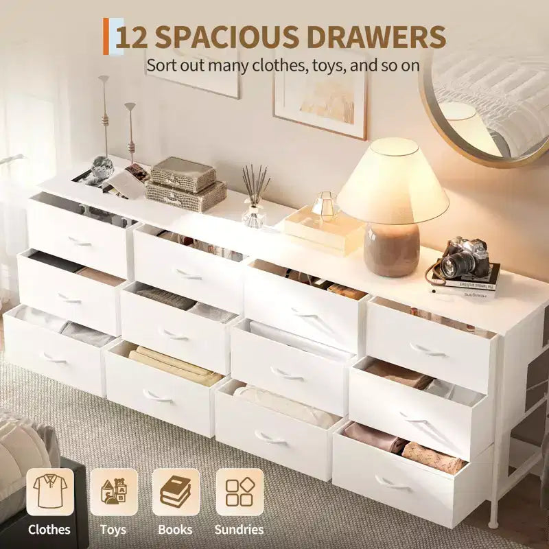 Meubles TV de 70 pouces pour salon, 12 tiroirs en tissu, station de charge, long meuble TV jusqu'à 80 pouces, table console média avec rangement