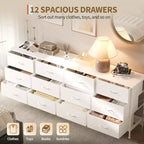 Meubles TV de 70 pouces pour salon, 12 tiroirs en tissu, station de charge, long meuble TV jusqu'à 80 pouces, table console média avec rangement