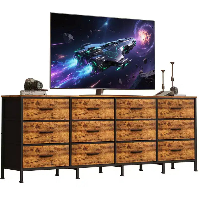 Meubles TV de 70 pouces pour salon, 12 tiroirs en tissu, station de charge, long meuble TV jusqu'à 80 pouces, table console média avec rangement