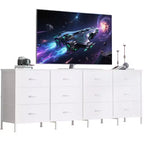 70 Inch TV Stands for Living Room, 12 Fabric Drawers, Charging Station, Long Entertainment Center Up to 80 Inch TV, Media Console Table with Storage