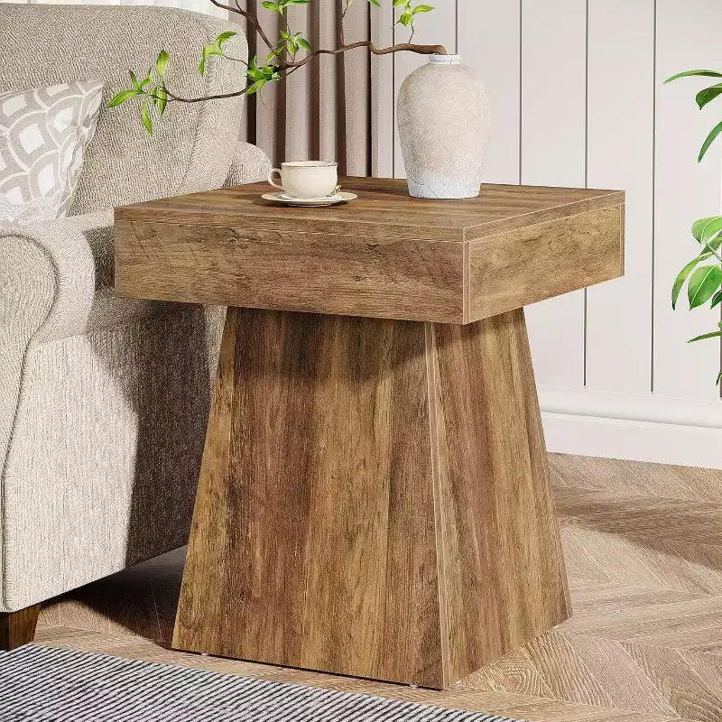 Petite table d'appoint Lantine, table d'appoint carrée rustique avec base large, petite table de chevet de ferme à côté du lit, à côté du fauteuil, pour le salon, marron