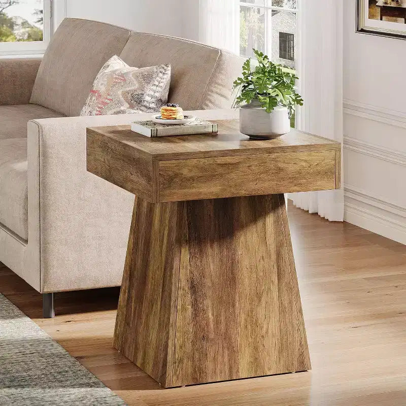 Petite table d'appoint Lantine, table d'appoint carrée rustique avec base large, petite table de chevet de ferme à côté du lit, à côté du fauteuil, pour le salon, marron