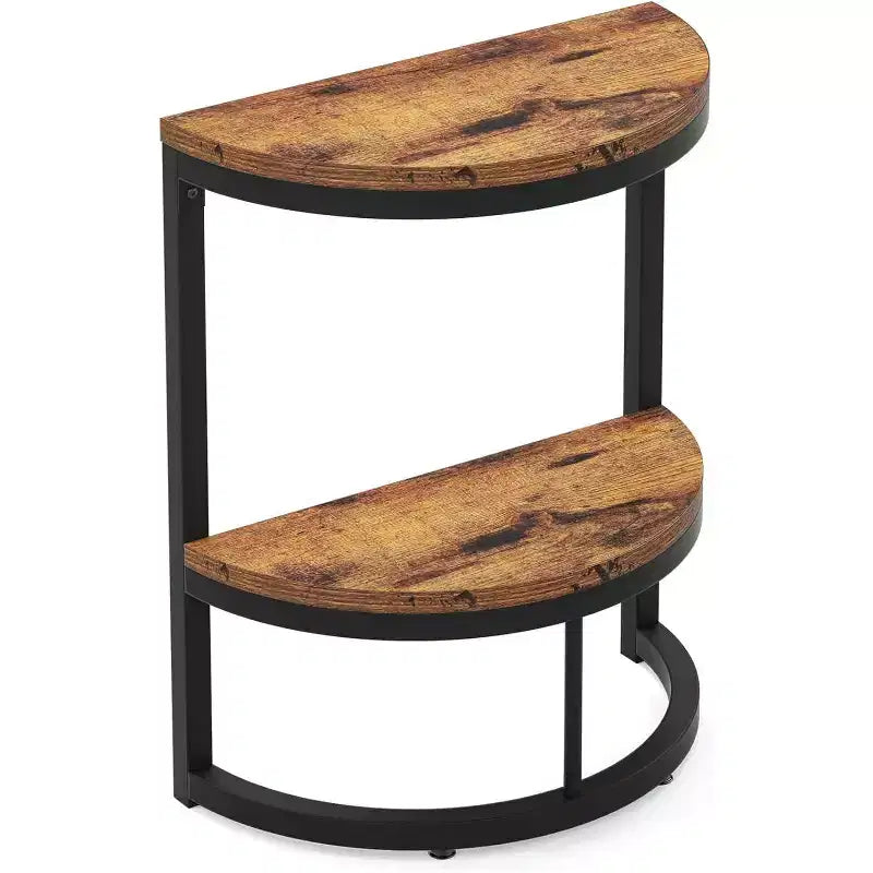 Table d'appoint semi-circulaire Lantine avec étagère de rangement, Petite table d'appoint demi-ronde pour canapé, salon, chambre, Marron rustique et noir, Montage facile