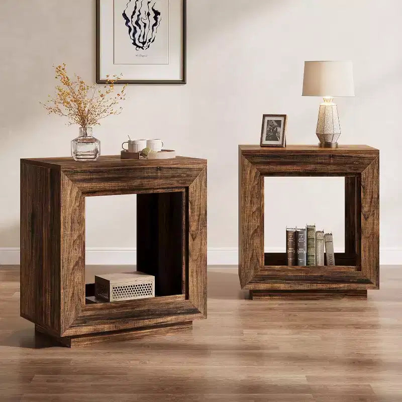 Table d'appoint Lantine marron rustique de 60 cm avec étagère de rangement, table de chevet de style rustique pour chambre, salon, entrée, montage facile