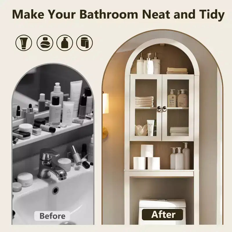 Meuble de rangement arqué au-dessus des toilettes avec portes en acrylique, étagère de salle de bain, meuble de salle de bain moderne avec étagère réglable