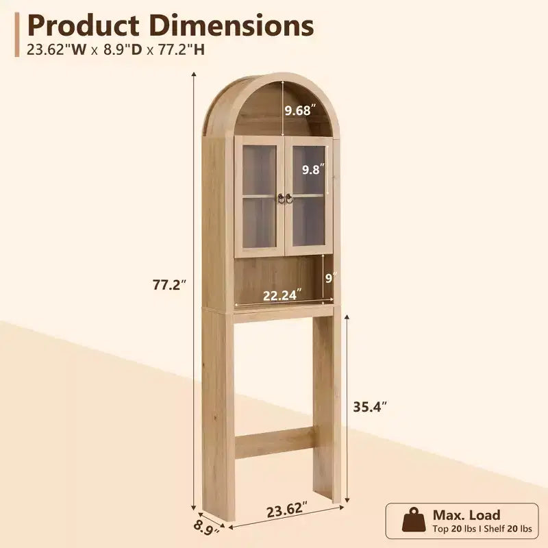 Meuble de rangement arqué au-dessus des toilettes avec portes en acrylique, étagère de salle de bain, meuble de salle de bain moderne avec étagère réglable