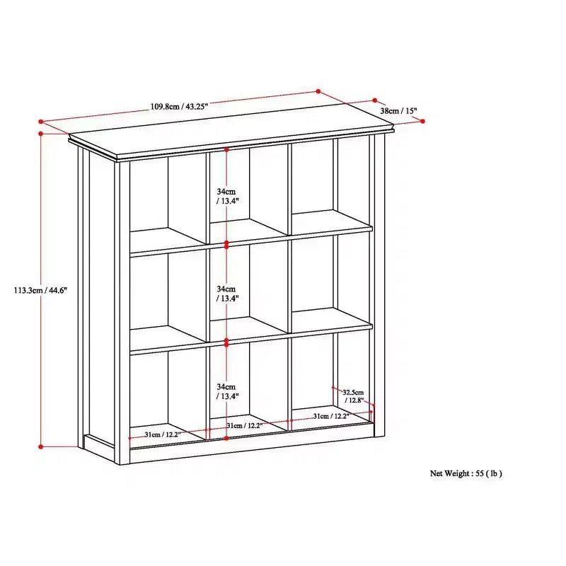 Bibliothèque et unité de rangement transitionnelle à 9 casiers Stratford en BOIS MASSIF de 45 po x 43 po