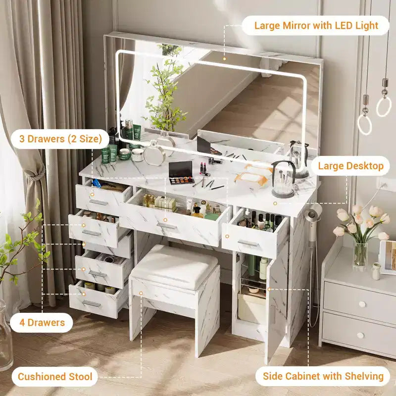 Coiffeuse effet marbre avec miroir lumineux LED, Coiffeuse de maquillage moderne avec tiroirs de rangement multiples, Ensemble de coiffeuse avec tabouret pour chambre à coucher