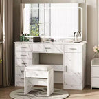 Coiffeuse effet marbre avec miroir lumineux LED, Coiffeuse de maquillage moderne avec tiroirs de rangement multiples, Ensemble de coiffeuse avec tabouret pour chambre à coucher