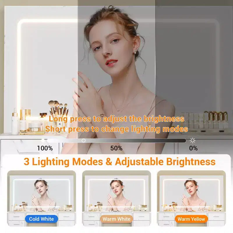 Coiffeuse effet marbre avec miroir lumineux LED, Coiffeuse de maquillage moderne avec tiroirs de rangement multiples, Ensemble de coiffeuse avec tabouret pour chambre à coucher