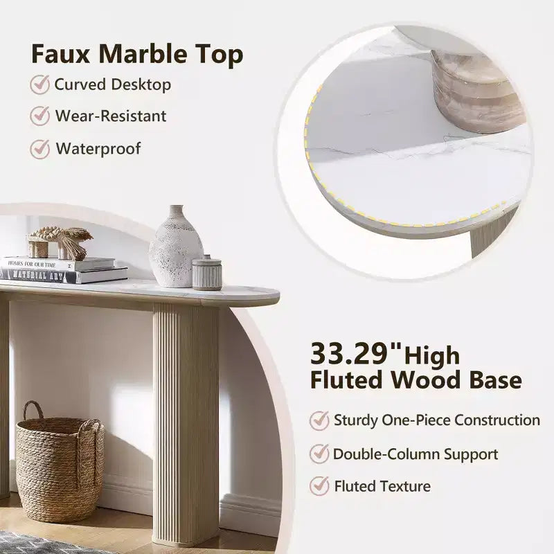Console moderne de 63 po, tables d'entrée étroites pour couloir, plateau en faux marbre avec texture en arc, table d'appoint canapé cannelée pour salon