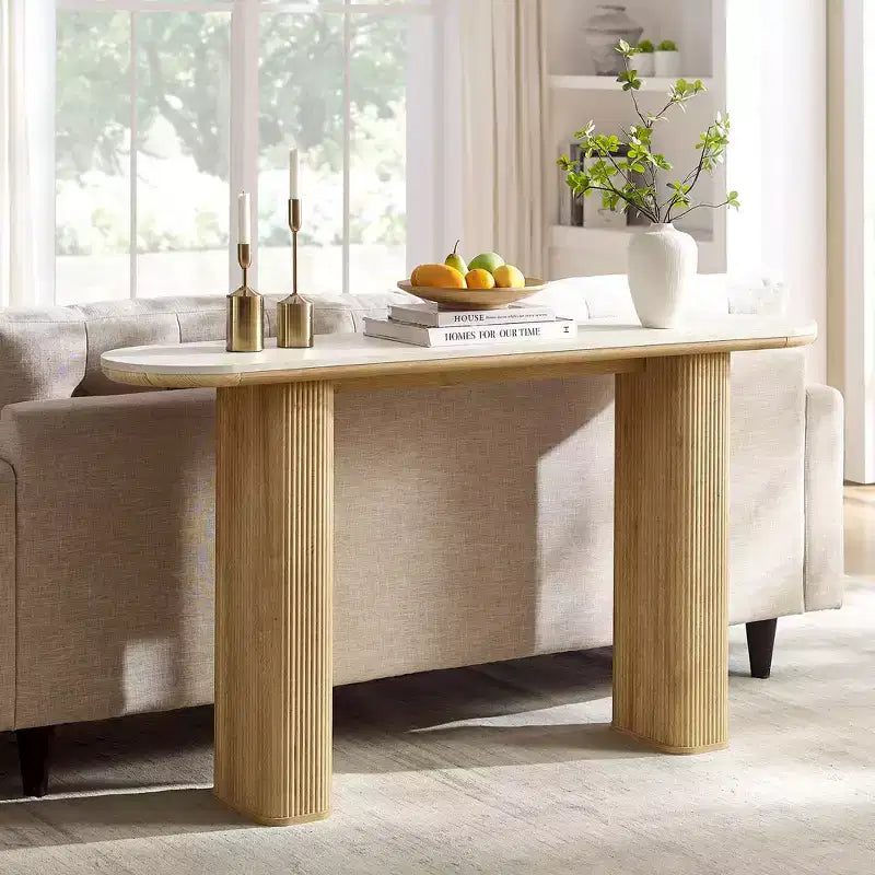 Console moderne de 63 po, tables d'entrée étroites pour couloir, plateau en faux marbre avec texture en arc, table d'appoint canapé cannelée pour salon