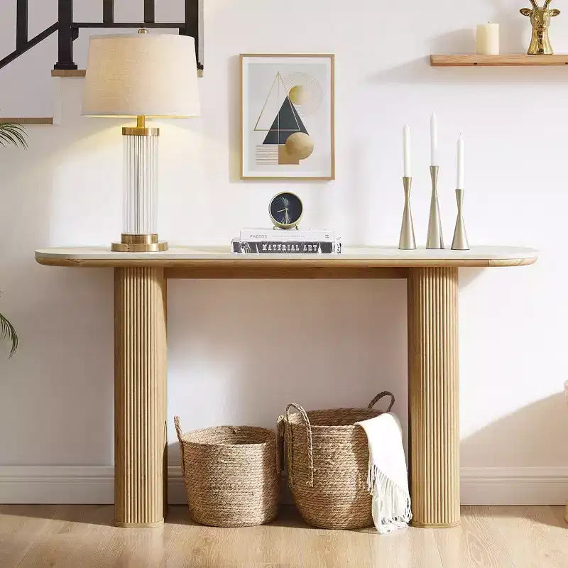 Console moderne de 63 po, tables d'entrée étroites pour couloir, plateau en faux marbre avec texture en arc, table d'appoint canapé cannelée pour salon