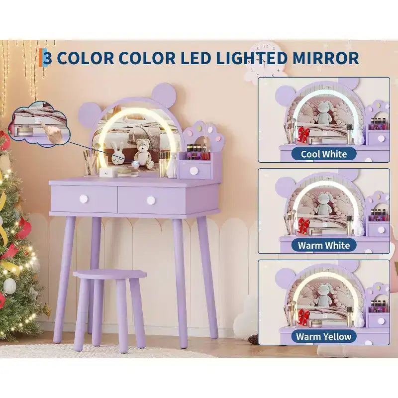 Coiffeuse pour tout-petits Coolmee, coiffeuse en forme d'ours avec miroir et tabouret, ensemble de coiffeuse en bois pour princesse, ensembles de coiffeuse de jeu de simulation
