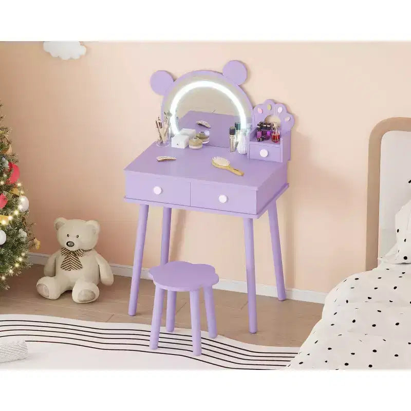 Coiffeuse pour tout-petits Coolmee, coiffeuse en forme d'ours avec miroir et tabouret, ensemble de coiffeuse en bois pour princesse, ensembles de coiffeuse de jeu de simulation