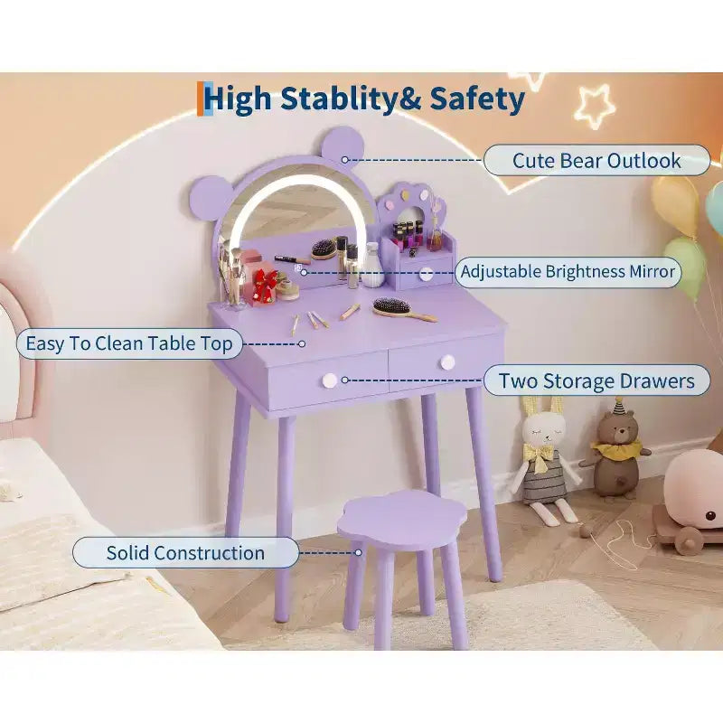 Coiffeuse pour tout-petits Coolmee, coiffeuse en forme d'ours avec miroir et tabouret, ensemble de coiffeuse en bois pour princesse, ensembles de coiffeuse de jeu de simulation