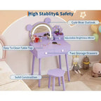 Coiffeuse pour tout-petits Coolmee, coiffeuse en forme d'ours avec miroir et tabouret, ensemble de coiffeuse en bois pour princesse, ensembles de coiffeuse de jeu de simulation