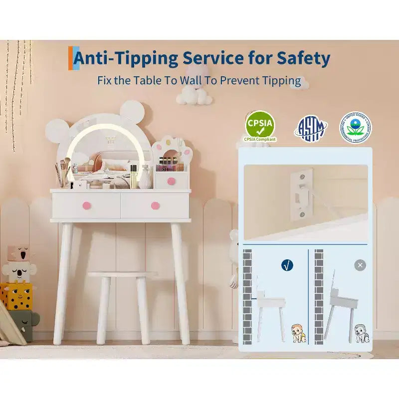 Coiffeuse pour tout-petits Coolmee, coiffeuse en forme d'ours avec miroir et tabouret, ensemble de coiffeuse en bois pour princesse, ensembles de coiffeuse de jeu de simulation