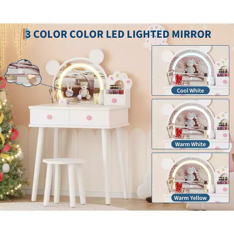 Coiffeuse pour tout-petits Coolmee, coiffeuse en forme d'ours avec miroir et tabouret, ensemble de coiffeuse en bois pour princesse, ensembles de coiffeuse de jeu de simulation