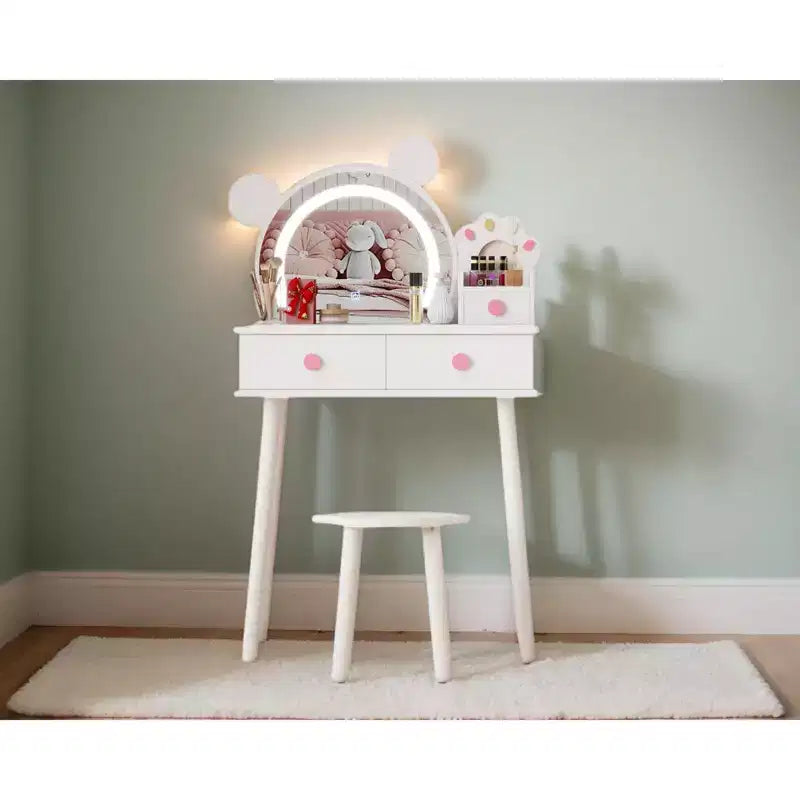 Coiffeuse pour tout-petits Coolmee, coiffeuse en forme d'ours avec miroir et tabouret, ensemble de coiffeuse en bois pour princesse, ensembles de coiffeuse de jeu de simulation