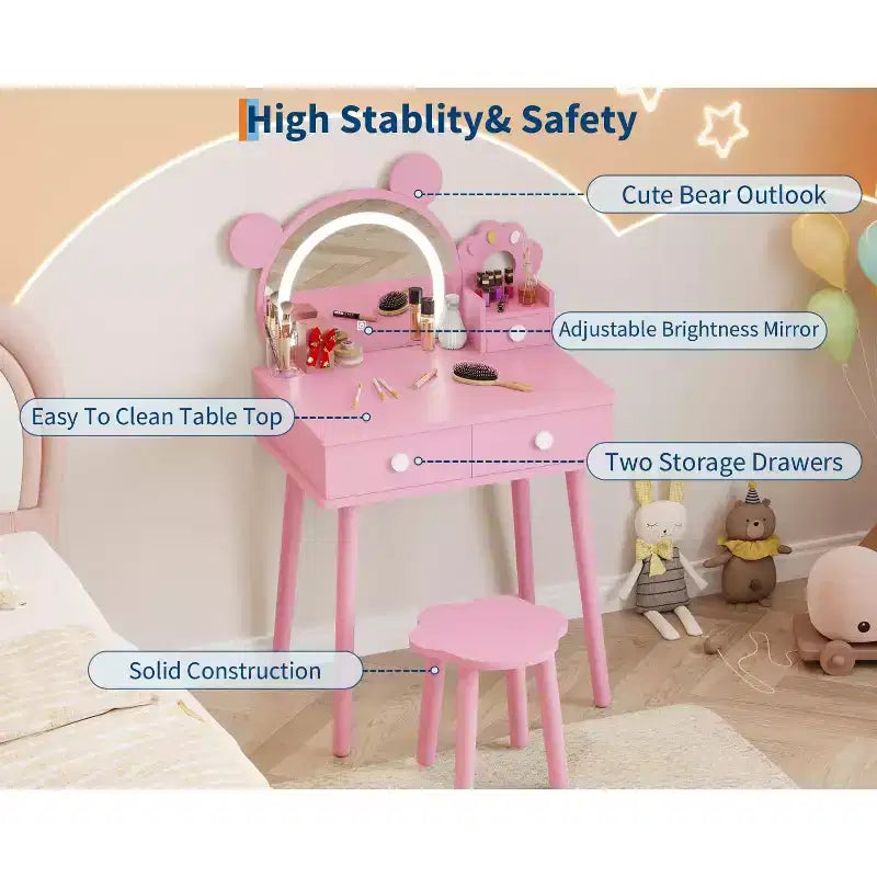 Coiffeuse pour tout-petits Coolmee, coiffeuse en forme d'ours avec miroir et tabouret, ensemble de coiffeuse en bois pour princesse, ensembles de coiffeuse de jeu de simulation