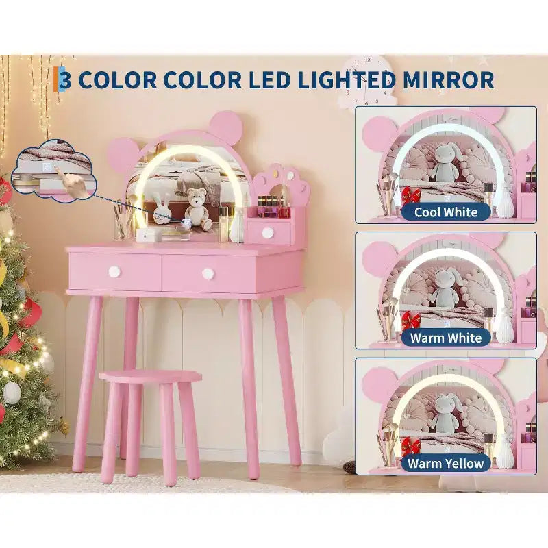 Coiffeuse pour tout-petits Coolmee, coiffeuse en forme d'ours avec miroir et tabouret, ensemble de coiffeuse en bois pour princesse, ensembles de coiffeuse de jeu de simulation