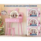 Coiffeuse pour tout-petits Coolmee, coiffeuse en forme d'ours avec miroir et tabouret, ensemble de coiffeuse en bois pour princesse, ensembles de coiffeuse de jeu de simulation